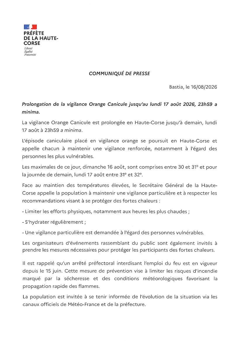 Communiqué de presse de la préfecture de Haute-Corse concernant la prolongation de la vigilance Orange Canicule du 16 au 17 a