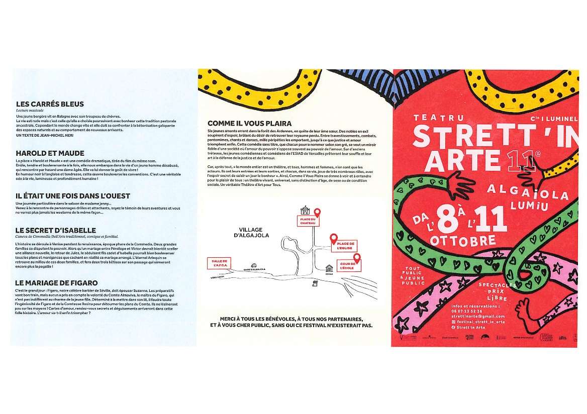 Affiche du festival Teatru Strett'in Arte à Algajola du 8 au 11 octobre avec illustrations colorées