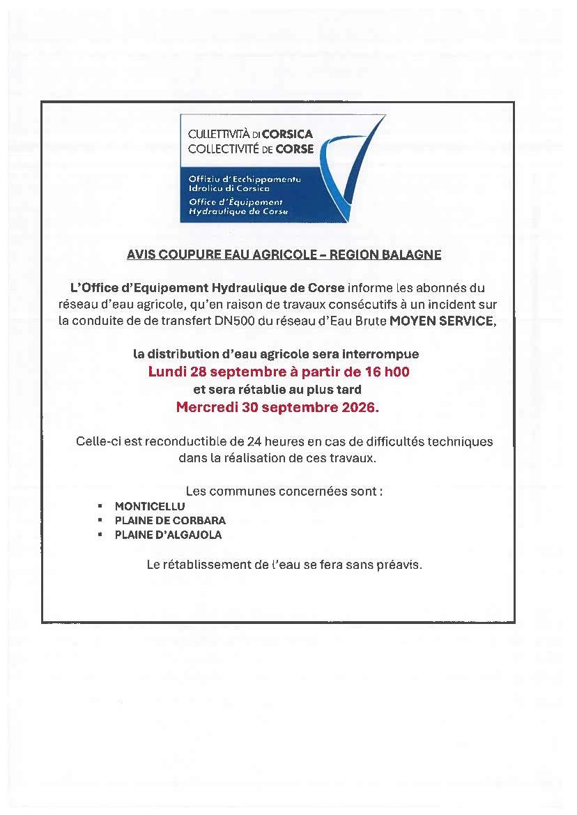 Avis de coupure d'eau agricole en région Balagne Corse du 28 au 30 septembre 2026