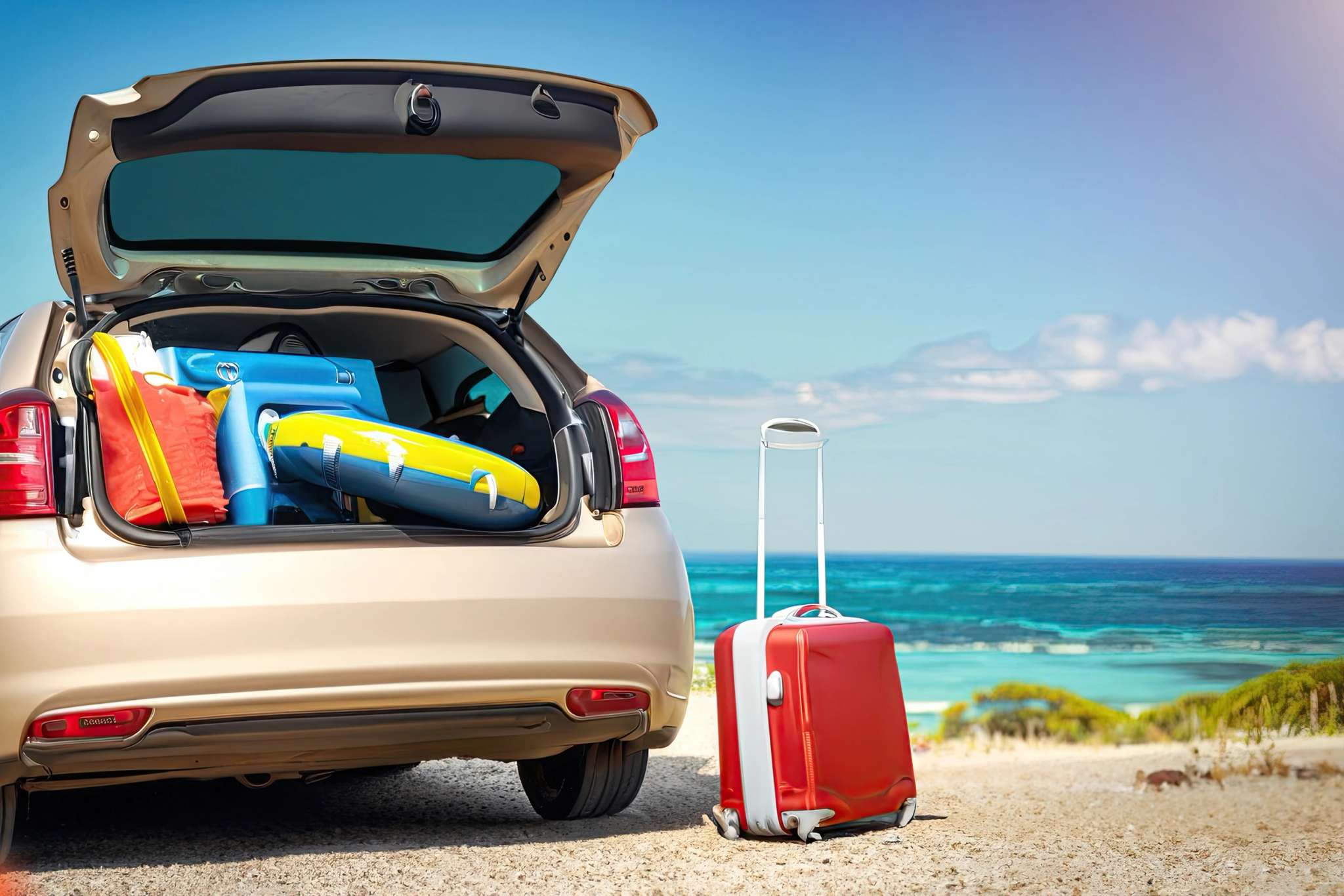 Voiture beige chargée d'équipements de plage avec valise rouge face à l'océan turquoise