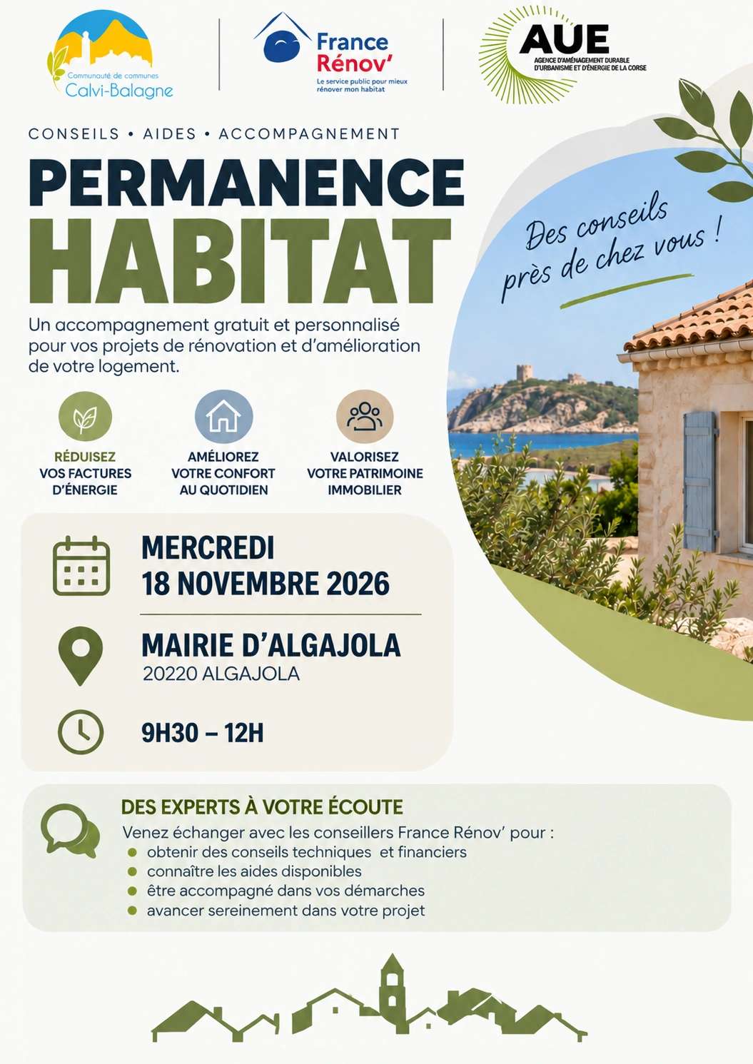 Affiche d'information sur le programme Permanence Habitat de France Rénov' à Algajola le 18 novembre 2026